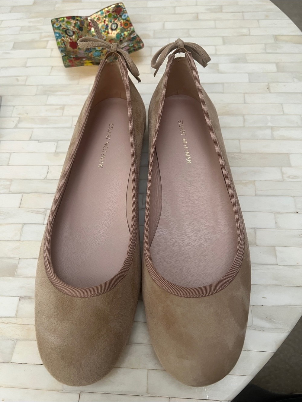 Stuart Weitzman Beige Suede Ballet Flats with Back Tie